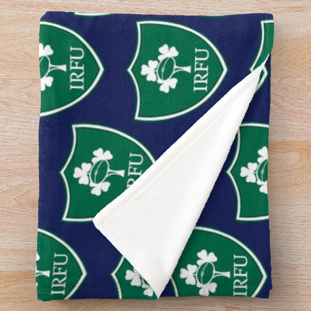 Plush rugby blanket with Ireland rugby team colors and logo