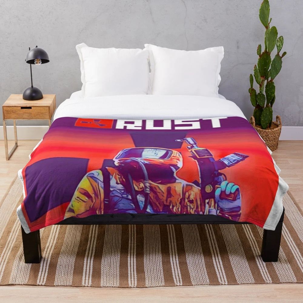 Rust game-themed plush blanket featuring in-game elements