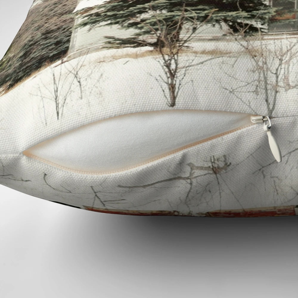 A rustic red and green pillow with a cozy cottage scene from the Sleeping Bear Dunes in Michigan