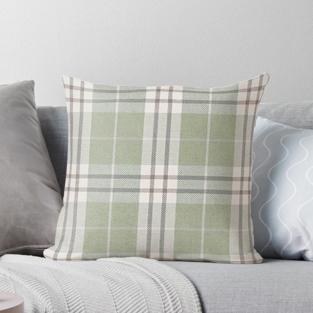 Sage green plaid throw pillow with a relaxed, vintage-inspired design