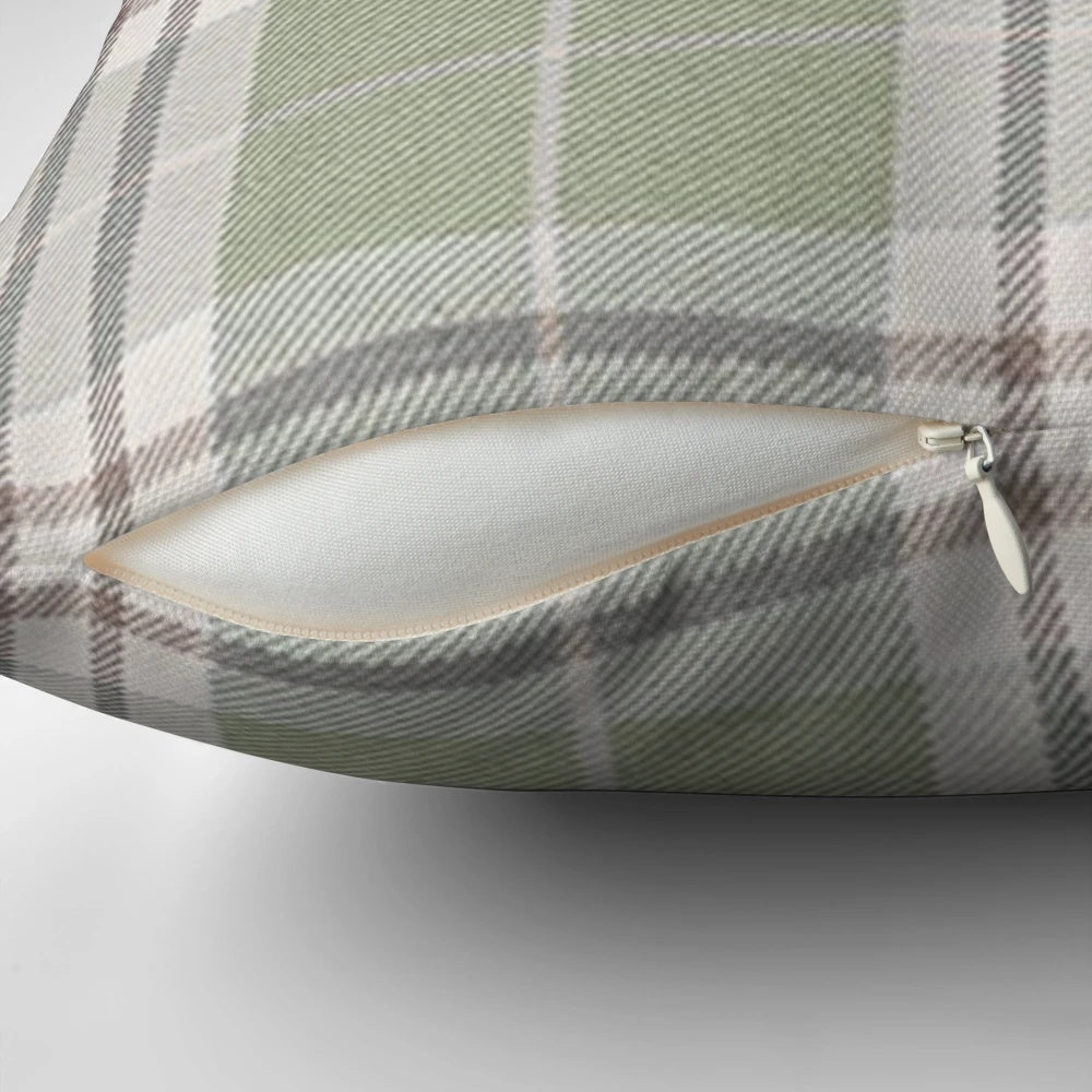 Sage green plaid throw pillow with a relaxed, vintage-inspired design