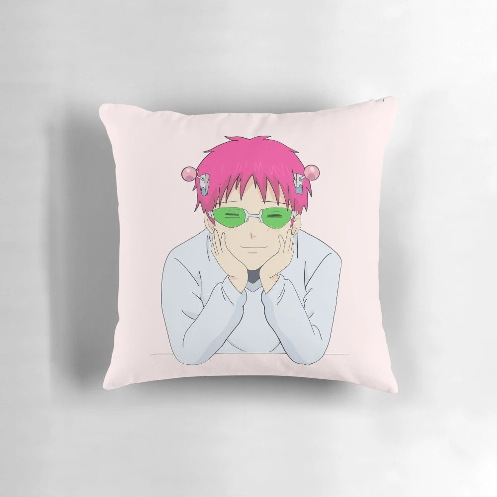 A soft, plush pillow featuring the popular anime character Saiki Kusuo from 'The Disastrous Life of Saiki K.'