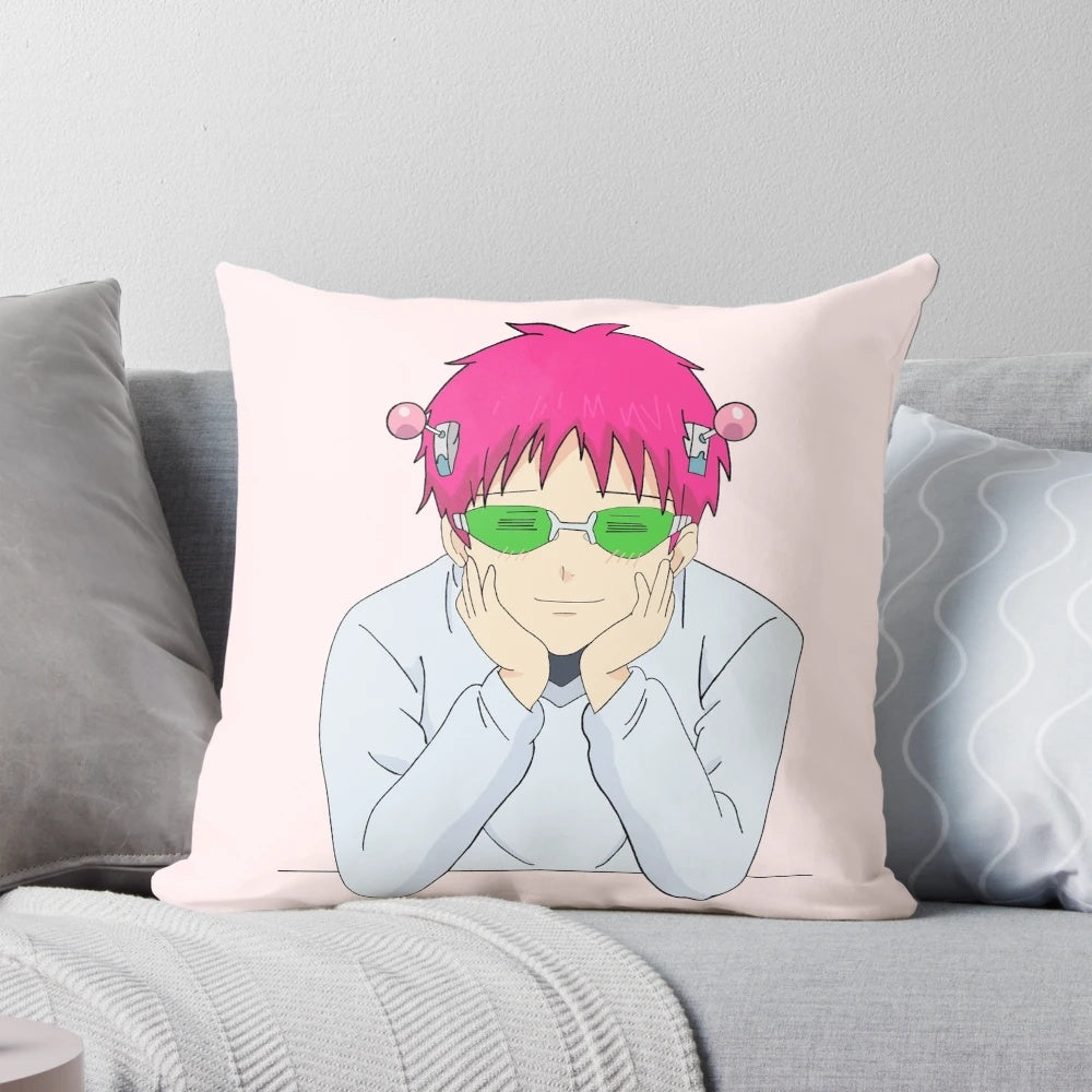 A soft, plush pillow featuring the popular anime character Saiki Kusuo from 'The Disastrous Life of Saiki K.'