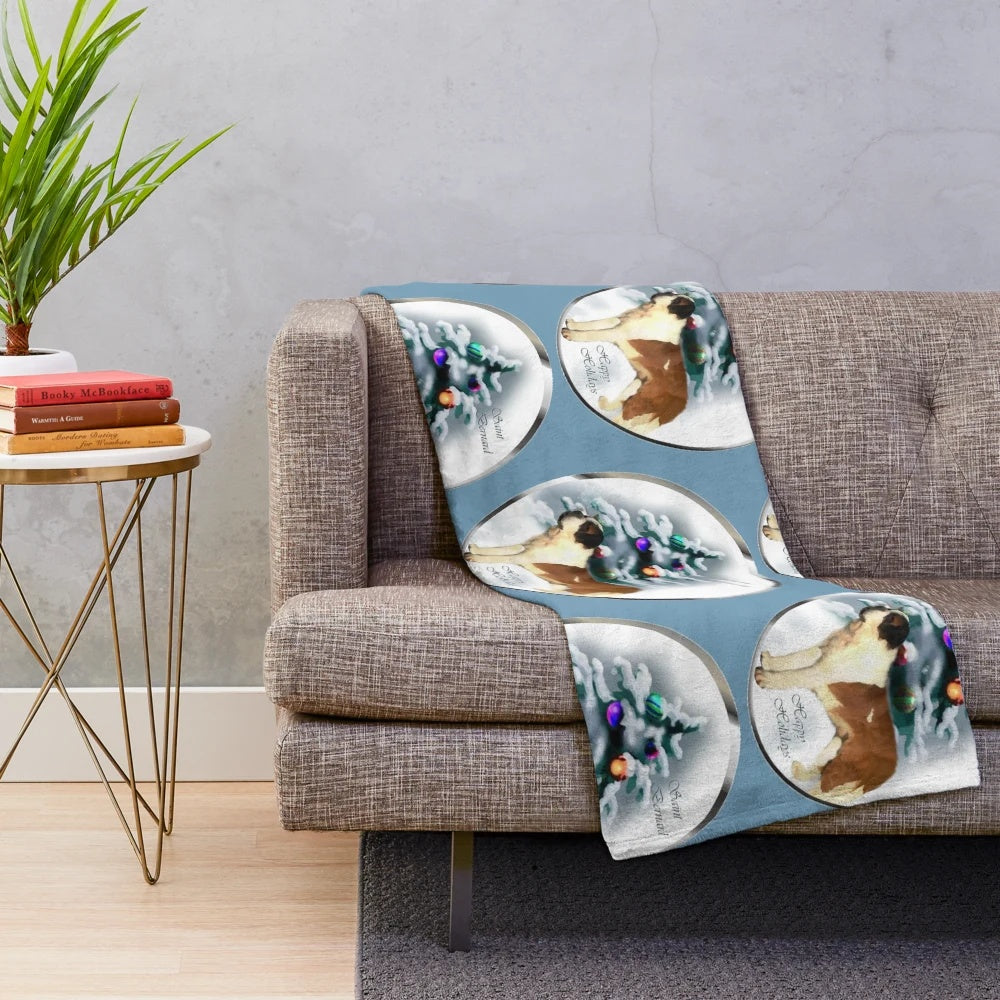 Saint Bernard plush blanket with Christmas wreath