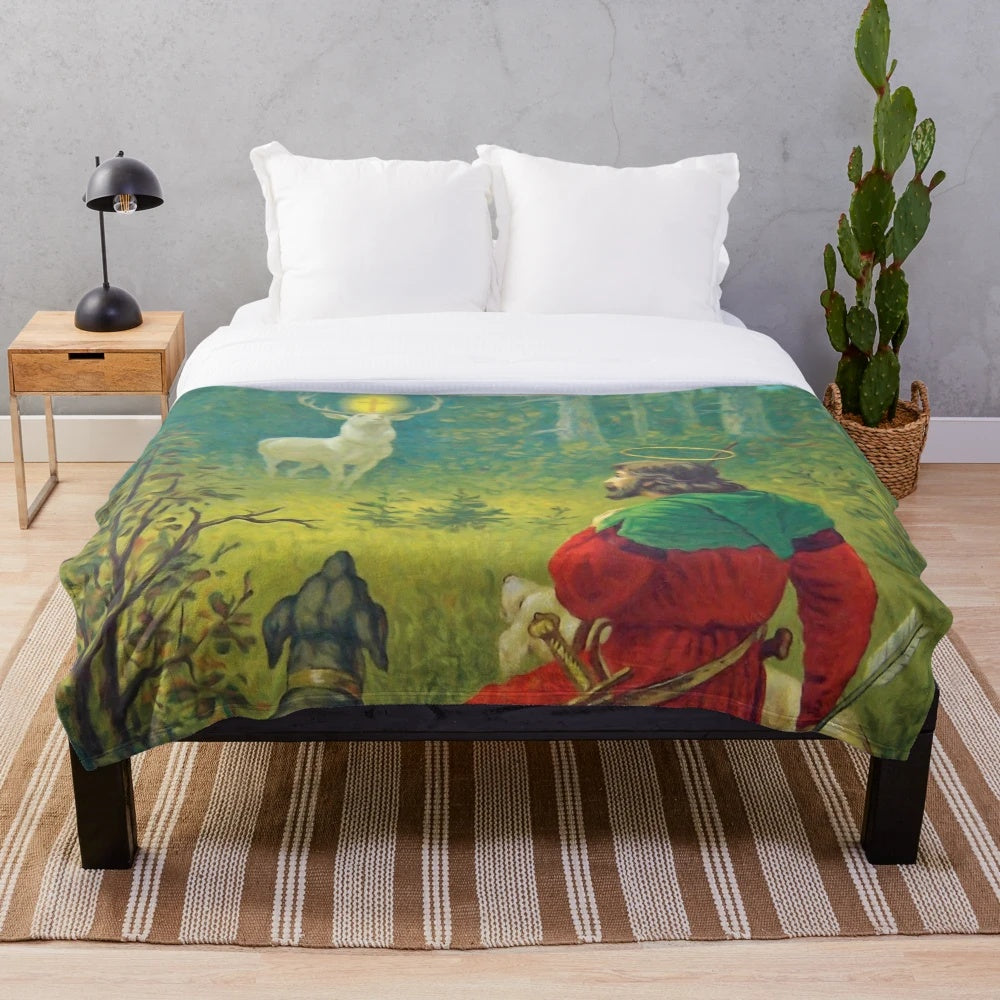 Saint Hubert Hound Plush Blanket with Hunting and Catholic Imagery