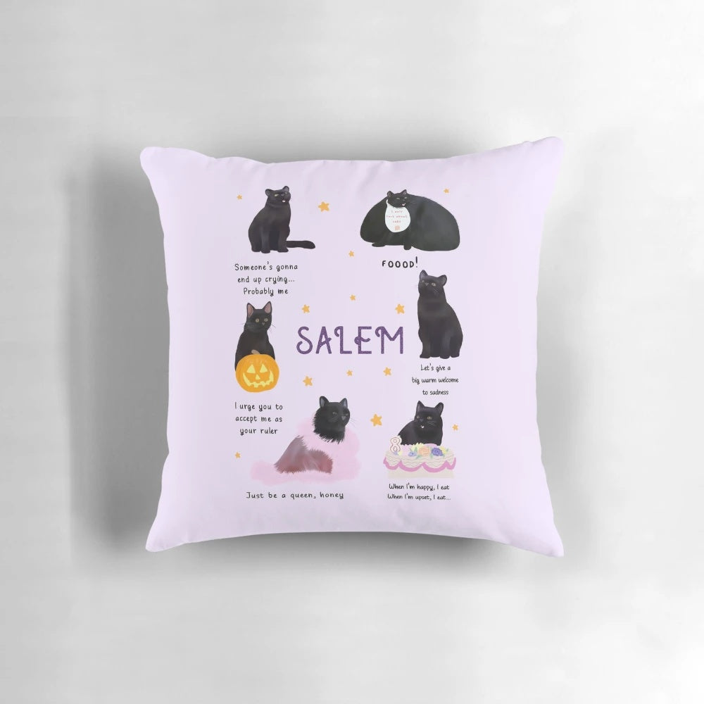 Salem-inspired decorative pillow with a spooky, cozy design