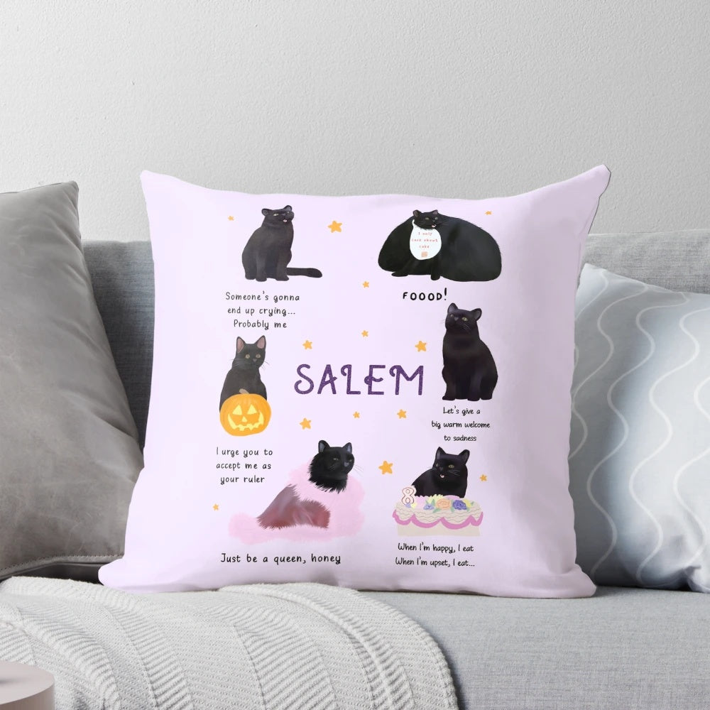 Salem-inspired decorative pillow with a spooky, cozy design