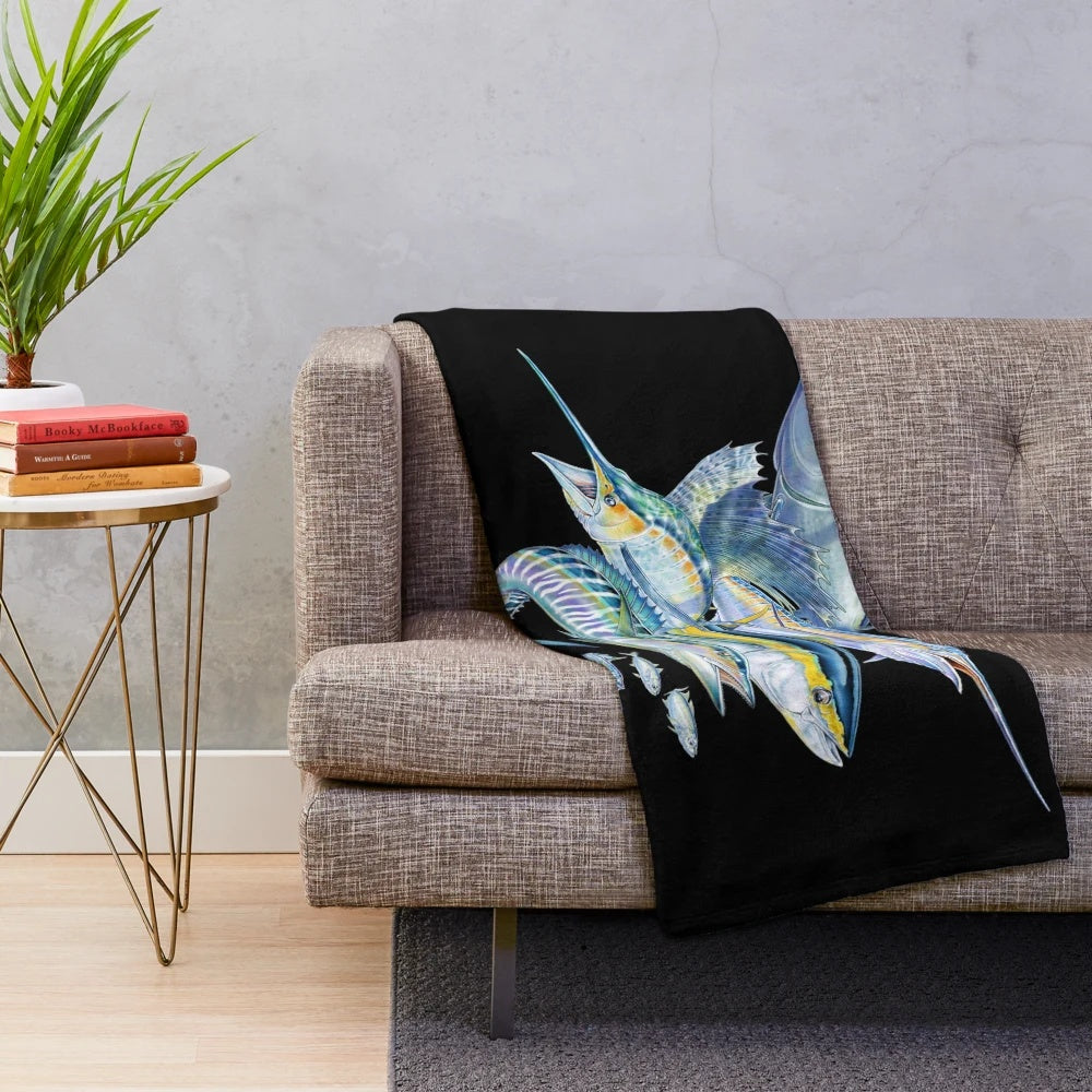 Saltwater fish plush blanket with tuna, marlin, and other marine life