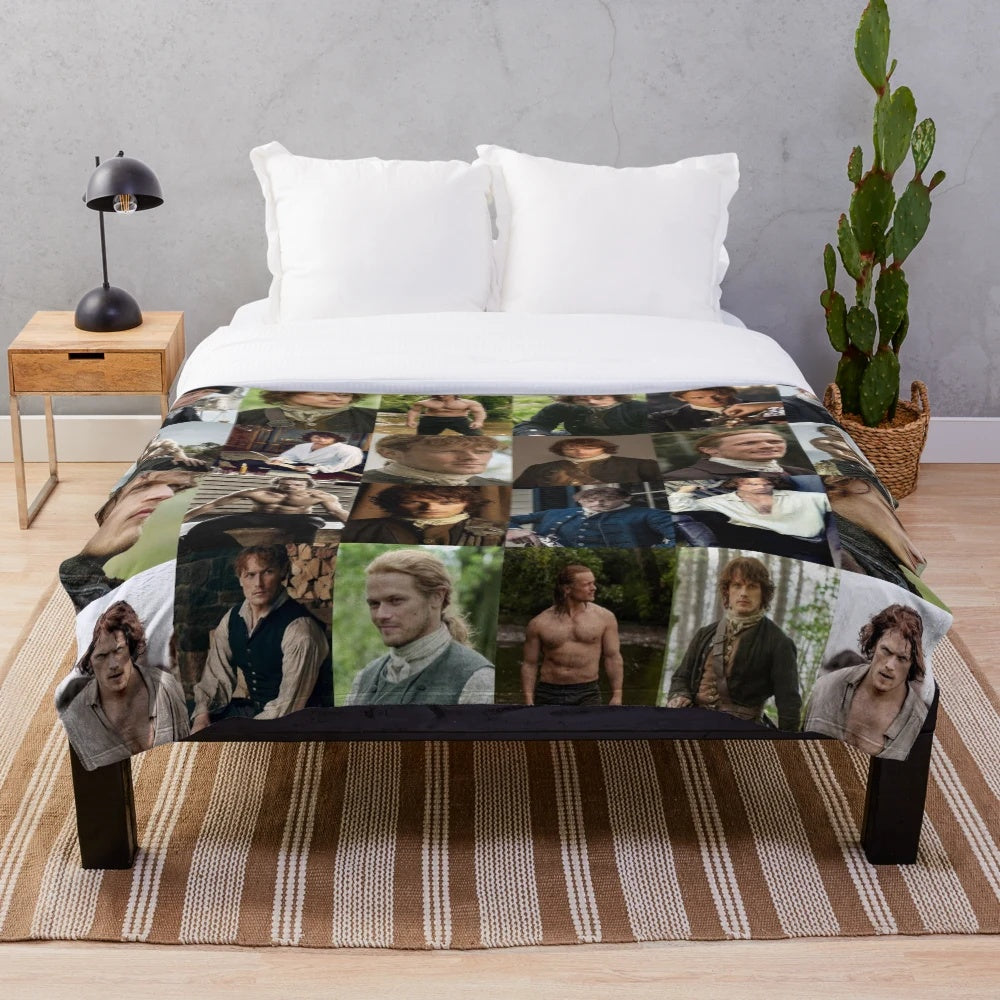 Soft and plush blanket featuring Sam Heughan's character Jamie Fraser from the Outlander series