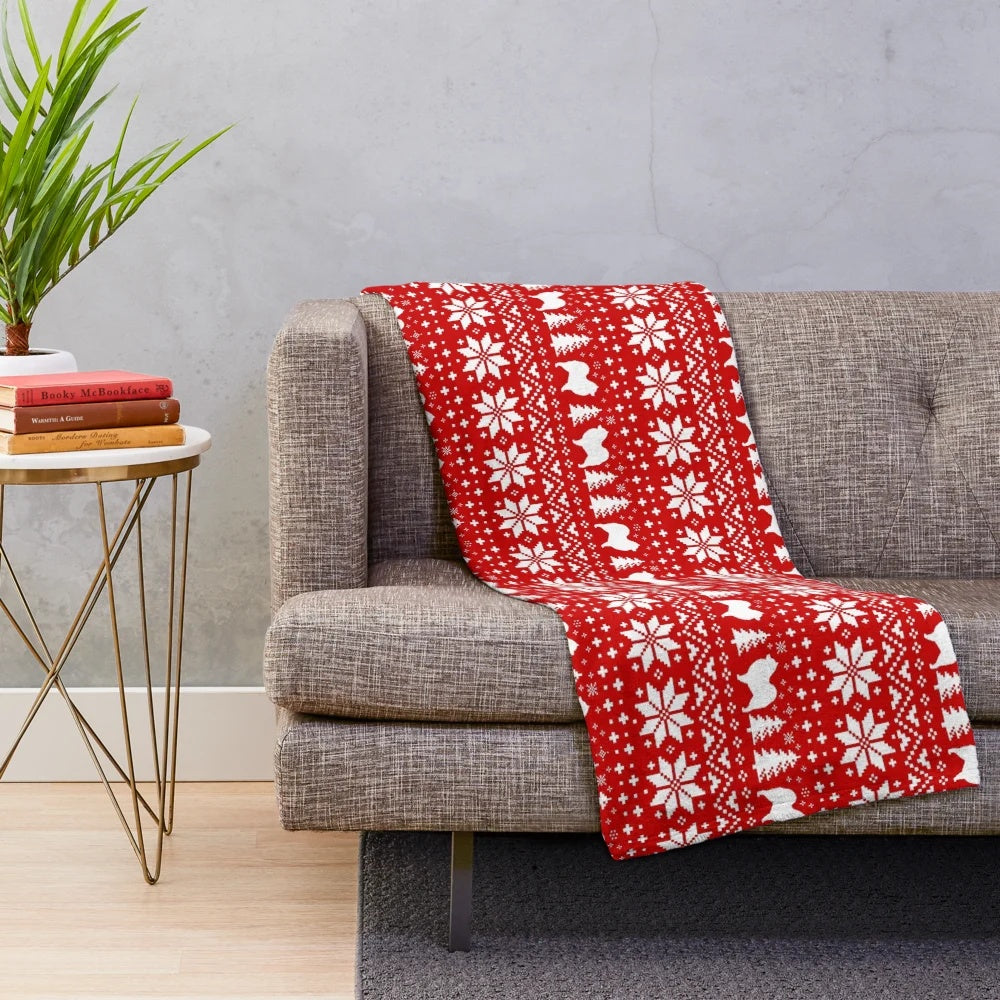 Samoyed dog silhouette plush blanket with festive red and white Christmas holiday pattern
