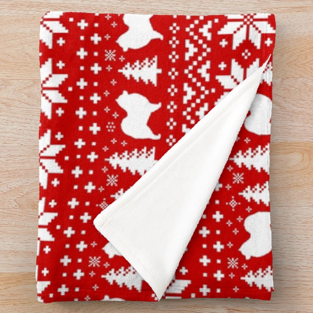 Samoyed dog silhouette plush blanket with festive red and white Christmas holiday pattern