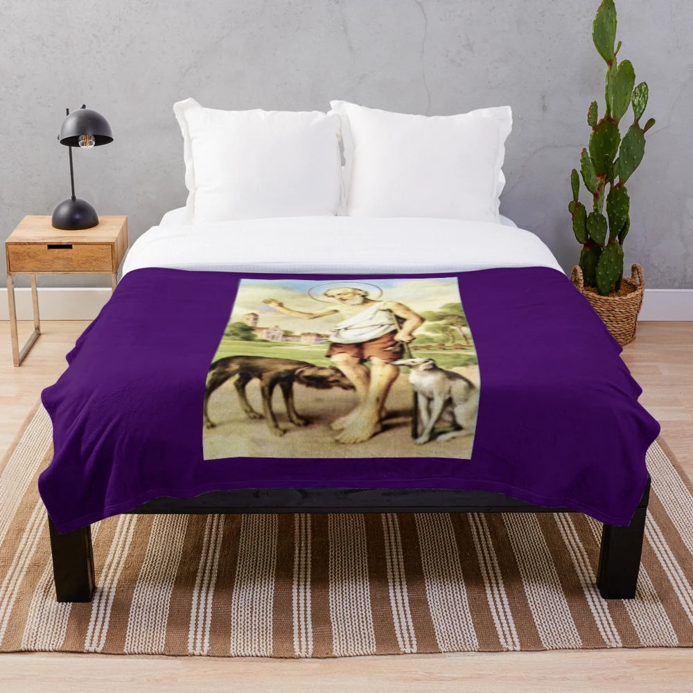 San Lazaro inspired plush blanket with religious symbols and cultural motifs