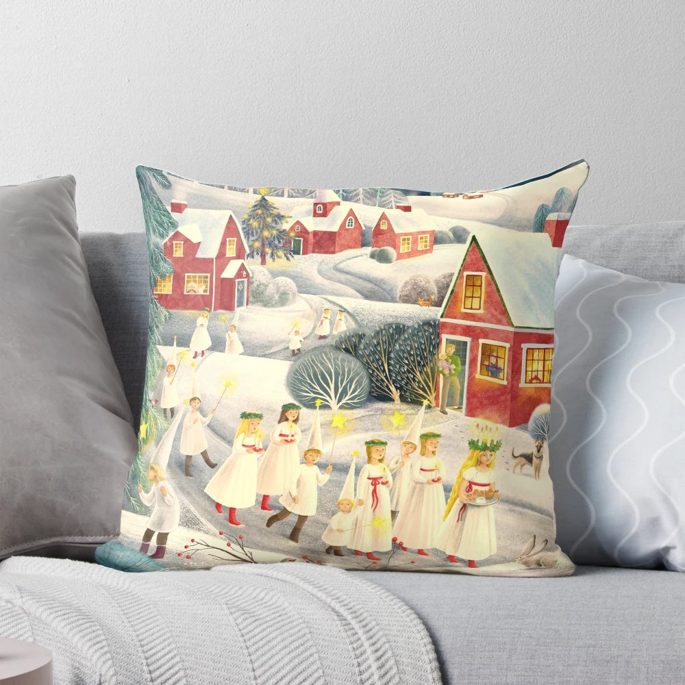 Santa Lucia Christmas Pillow with Snow and Winter Scenery