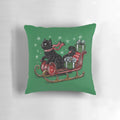 A plush pillow featuring a black cat curled up in Santa's sleigh, perfect for holiday home decor.