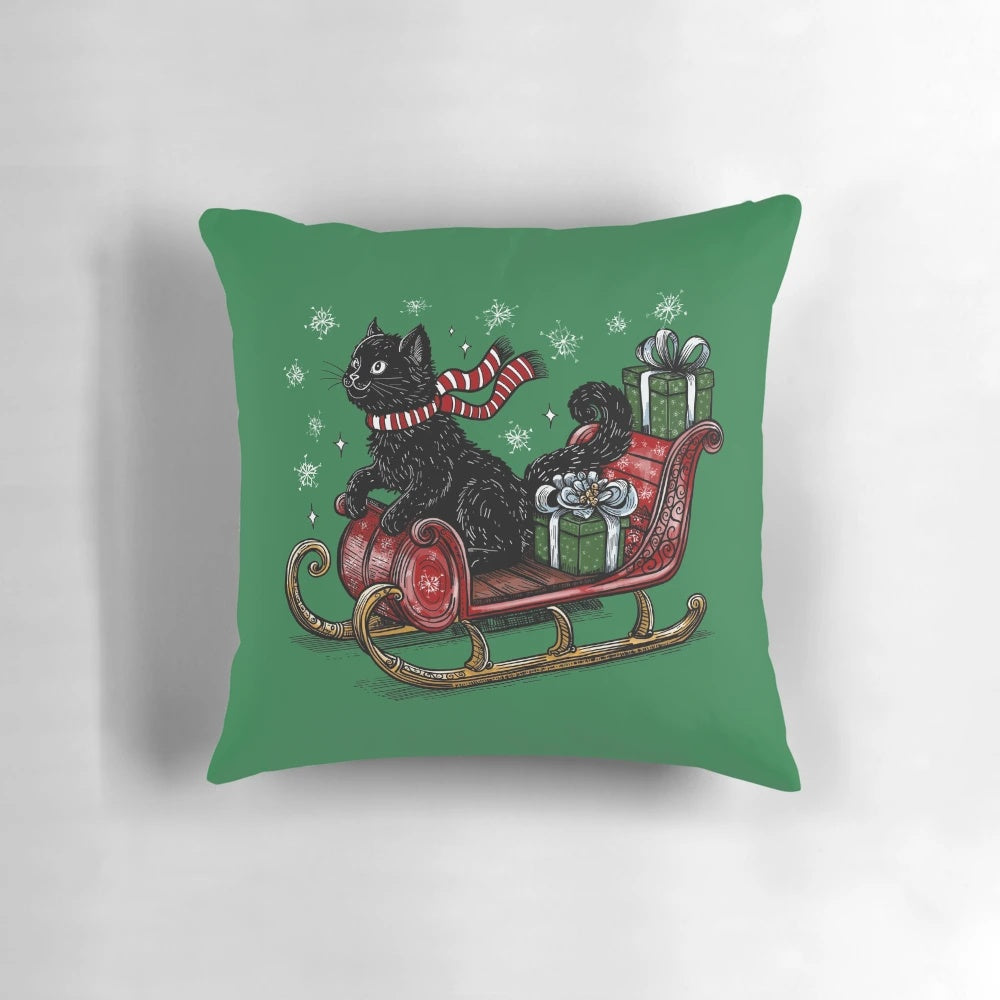 A plush pillow featuring a black cat curled up in Santa's sleigh, perfect for holiday home decor.