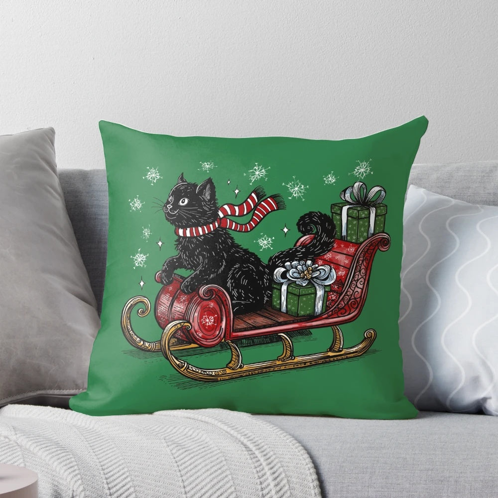 A plush pillow featuring a black cat curled up in Santa's sleigh, perfect for holiday home decor.