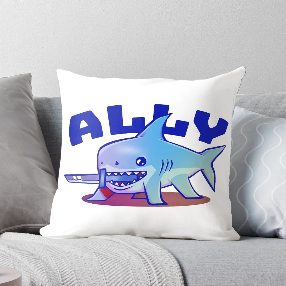 A soft, grey and blue shark-shaped plush pillow with a playful design, perfect for adding a touch of fun to any room.