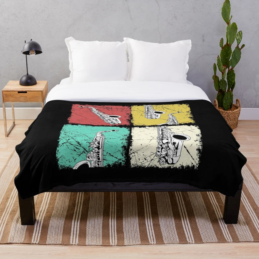 Saxophonist playing saxophone on a cozy plush blanket
