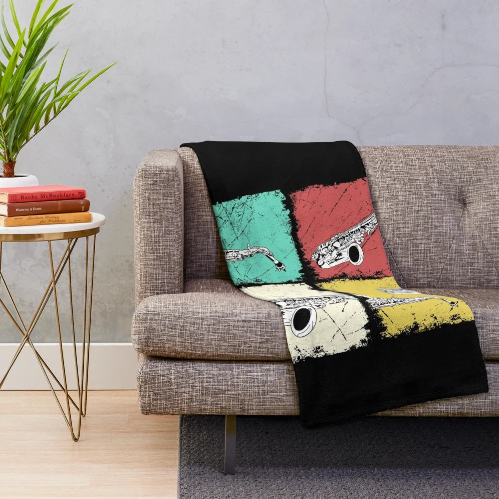 Saxophonist playing saxophone on a cozy plush blanket