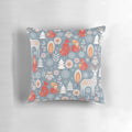 A decorative pillow featuring a seamless pattern with a winter forest scene, including deer, owl, and fox in a Scandinavian-inspired design.