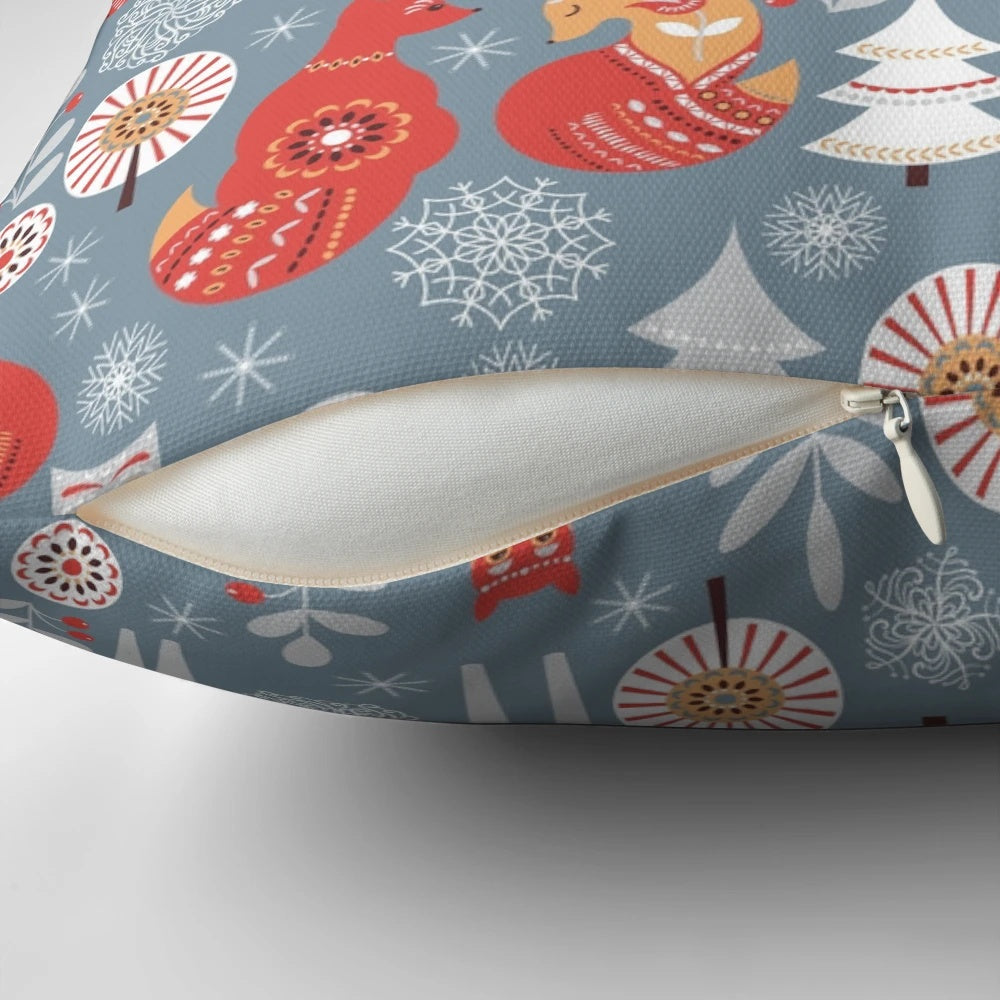 A decorative pillow featuring a seamless pattern with a winter forest scene, including deer, owl, and fox in a Scandinavian-inspired design.