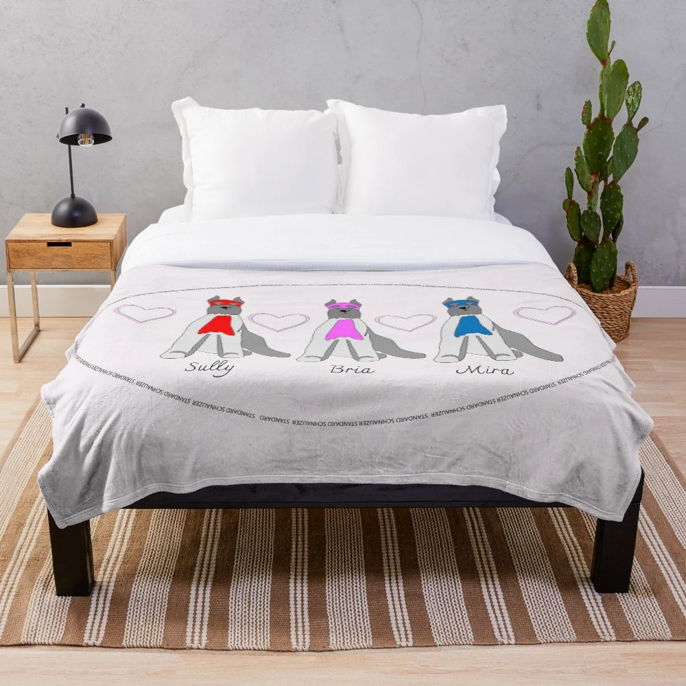 A soft and cuddly plush blanket featuring a cute standard schnauzer design, perfect for dog lovers.
