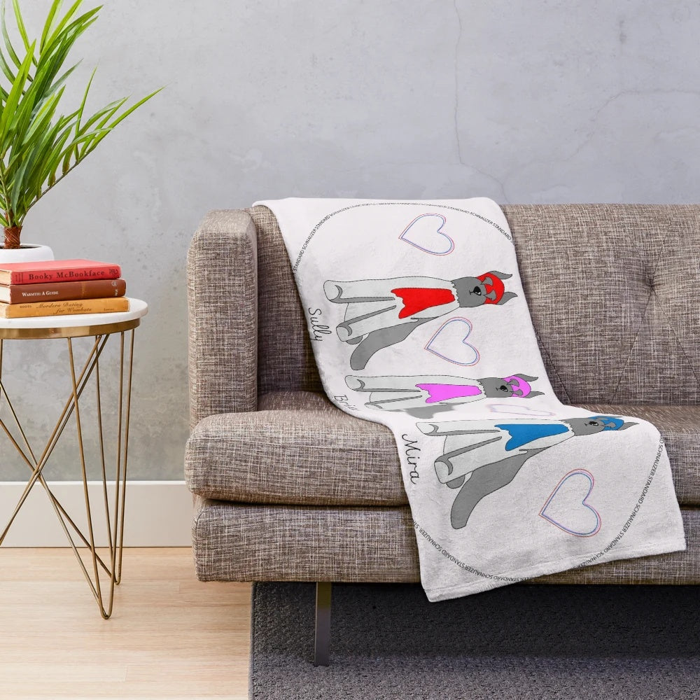 A soft and cuddly plush blanket featuring a cute standard schnauzer design, perfect for dog lovers.