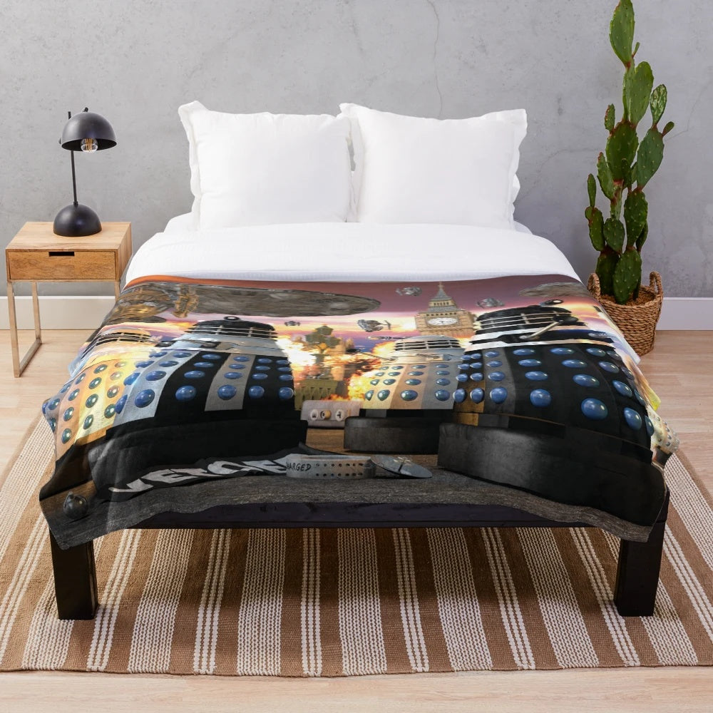 Plush sci-fi themed blanket with spaceship and robot design