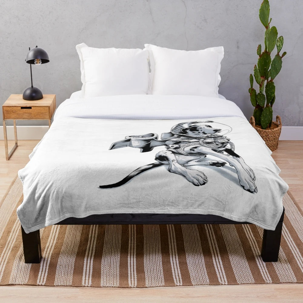 Soft plush dog blanket featuring a sci-fi jetpack design