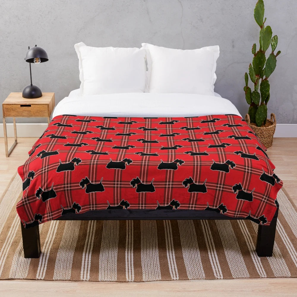 Scottie dog plush blanket with red tartan pattern