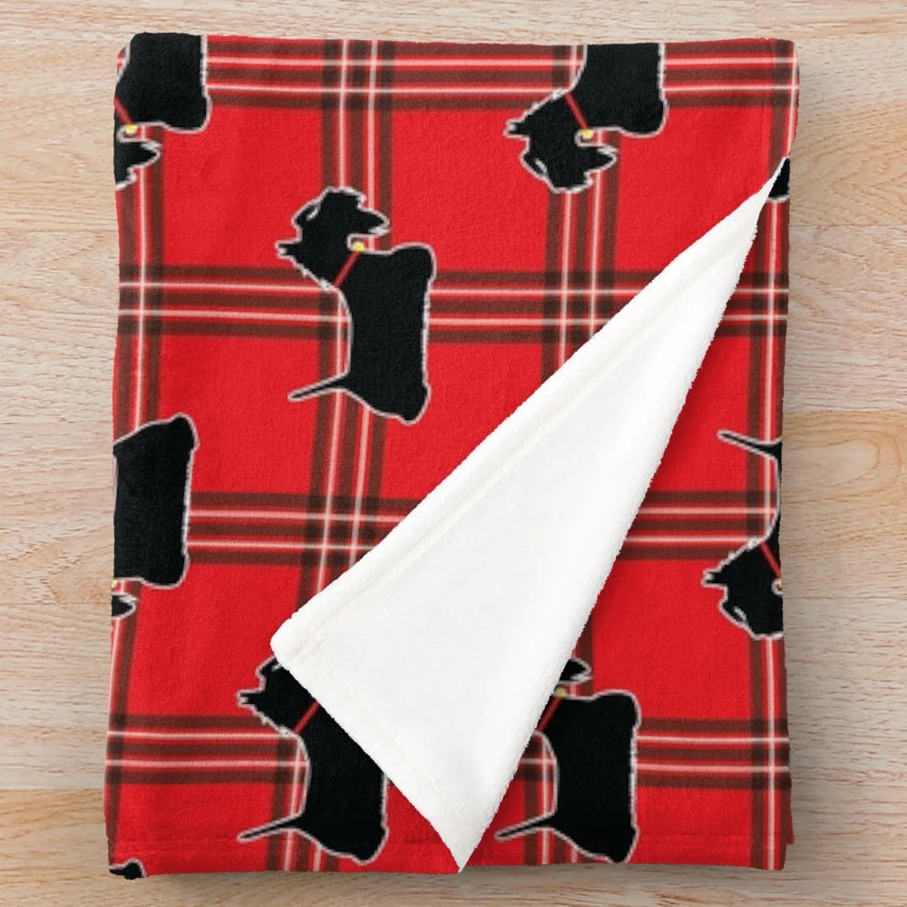 Scottie dog plush blanket with red tartan pattern