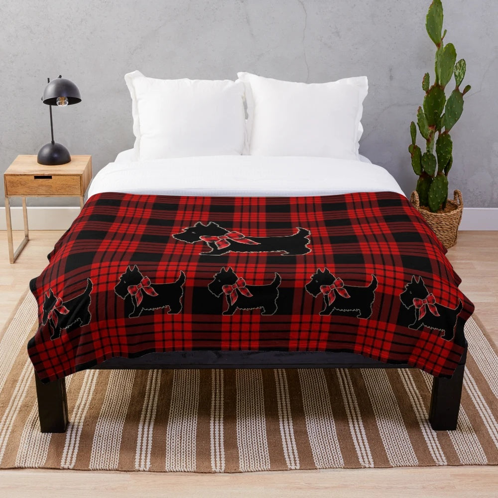 Plush Scottish Terrier Blanket with Tartan Print Design