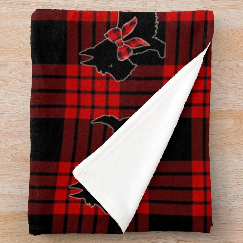 Plush Scottish Terrier Blanket with Tartan Print Design
