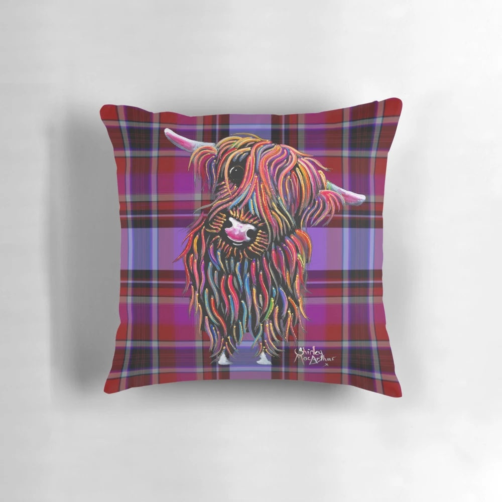 Soft and cuddly Scottish Highland Cow 'Tartan Bolly' plush pillow with a unique galaxy and tartan pattern design.