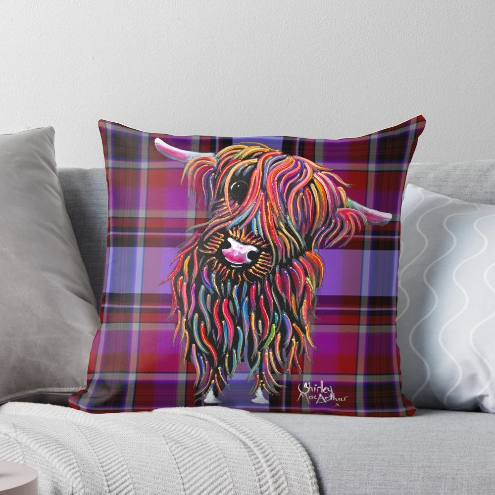 Soft and cuddly Scottish Highland Cow 'Tartan Bolly' plush pillow with a unique galaxy and tartan pattern design.