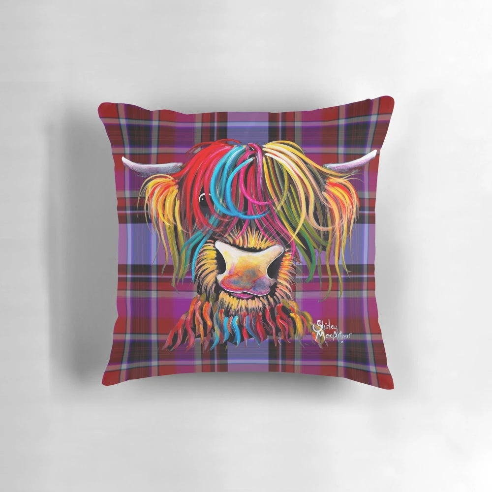 Soft, colorful pillow featuring a friendly Scottish Highland cow in a tartan design