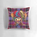 Soft, colorful pillow featuring a friendly Scottish Highland cow in a tartan design