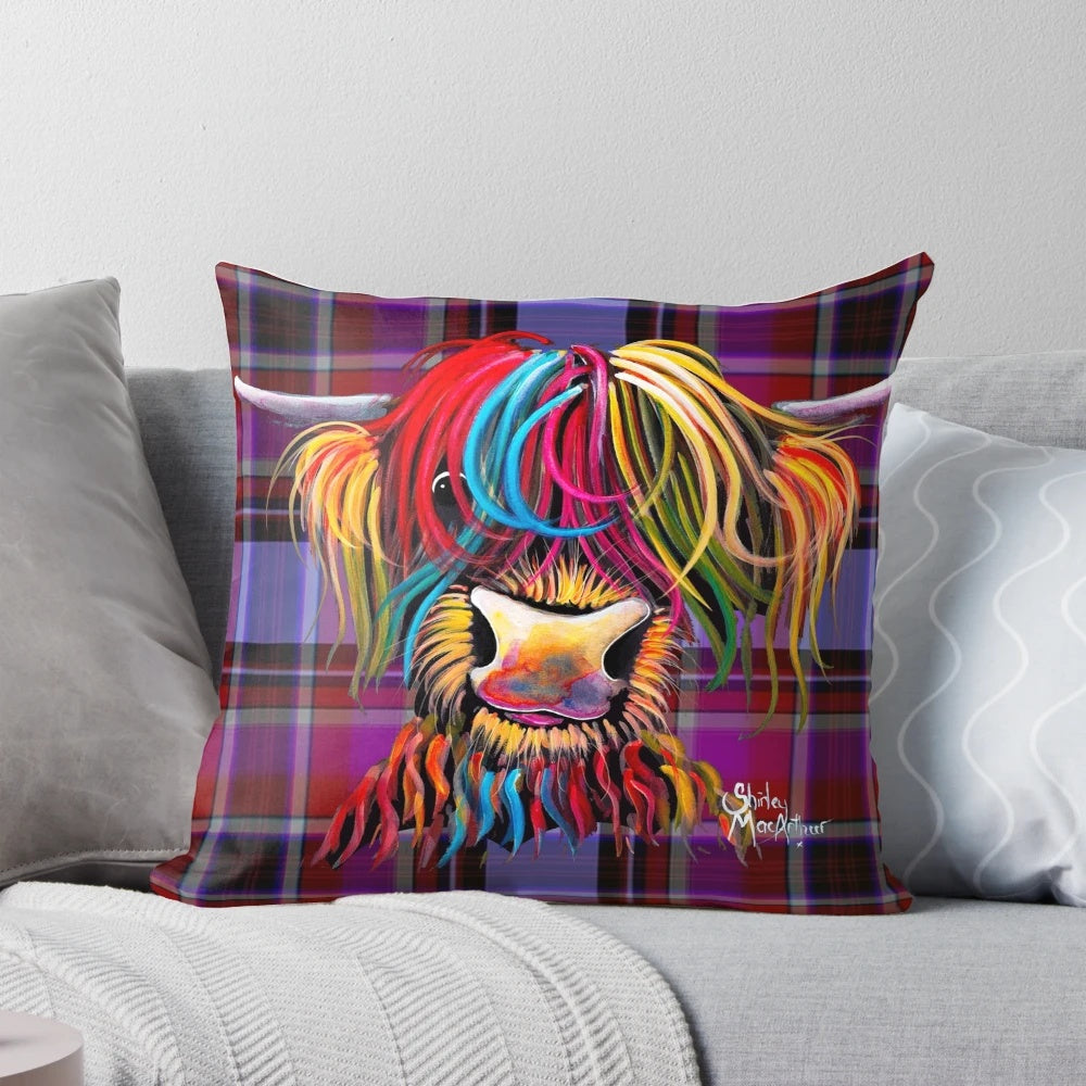 Soft, colorful pillow featuring a friendly Scottish Highland cow in a tartan design