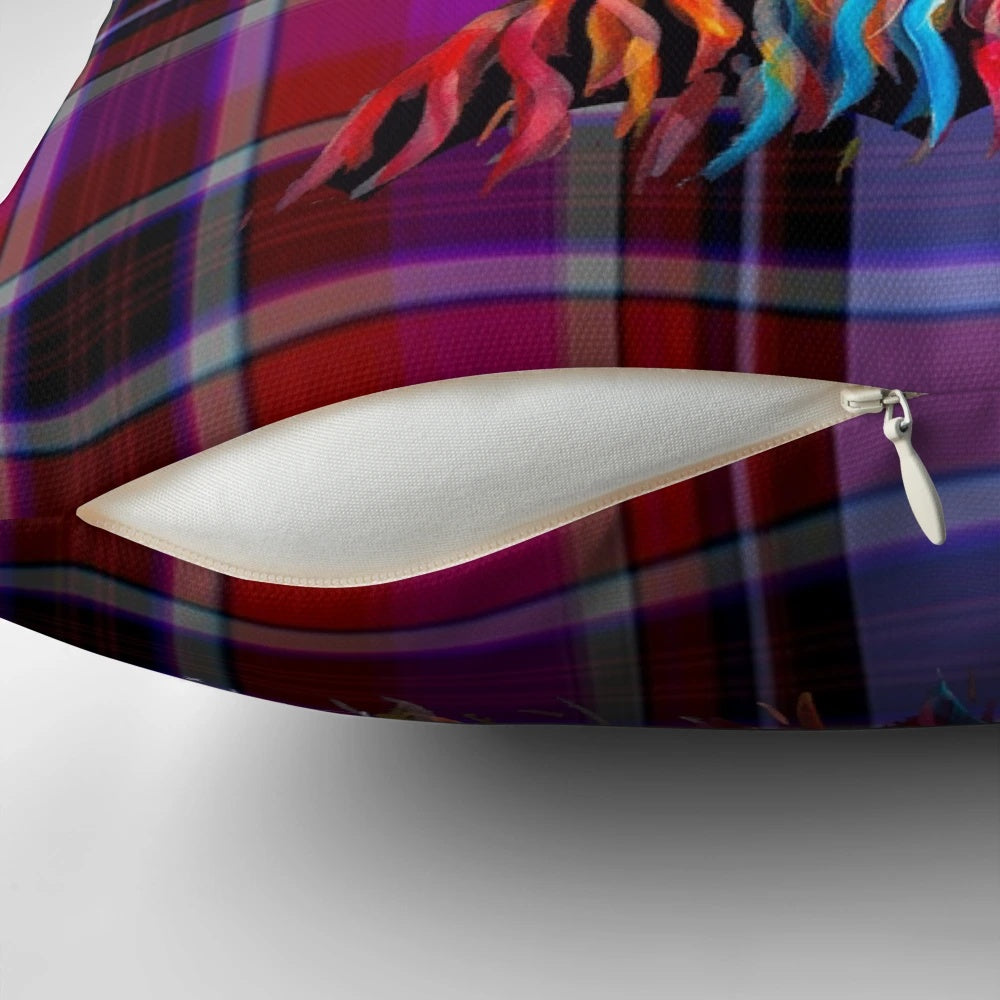 Soft, colorful pillow featuring a friendly Scottish Highland cow in a tartan design