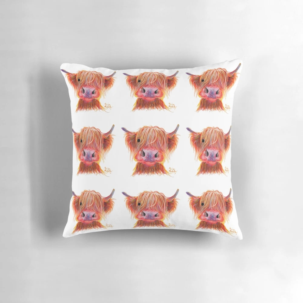 Soft, plush pillow featuring a Scottish Highland hairy cow painting in vibrant colors