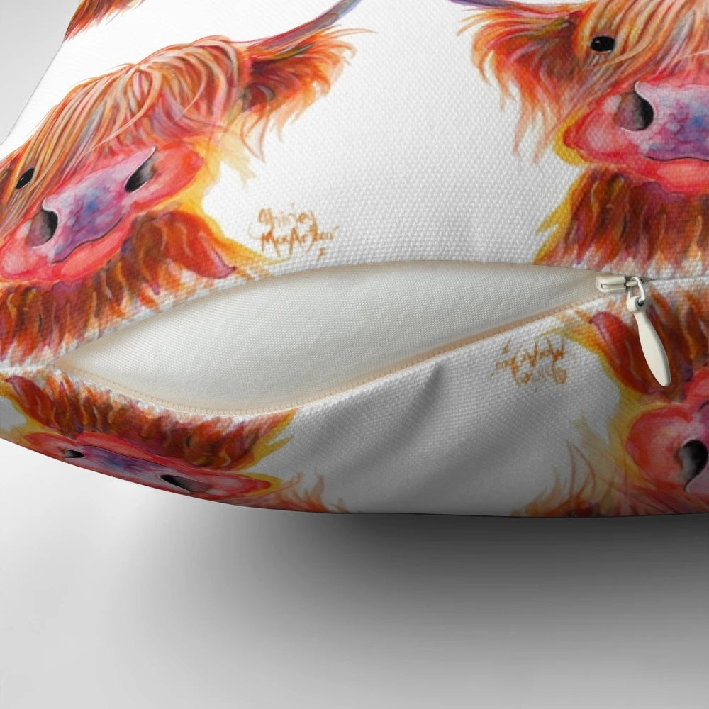 Soft, plush pillow featuring a Scottish Highland hairy cow painting in vibrant colors