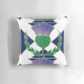 A decorative pillow featuring the iconic Scottish tartan and thistle flower design, representing the national flag of Scotland.