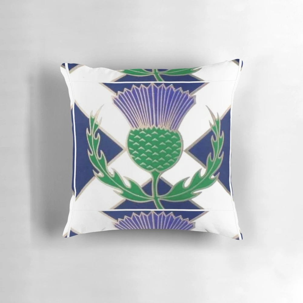 A decorative pillow featuring the iconic Scottish tartan and thistle flower design, representing the national flag of Scotland.