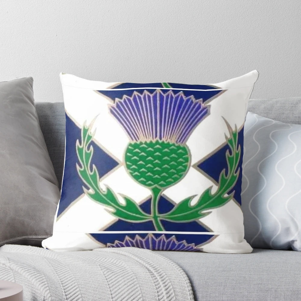 A decorative pillow featuring the iconic Scottish tartan and thistle flower design, representing the national flag of Scotland.