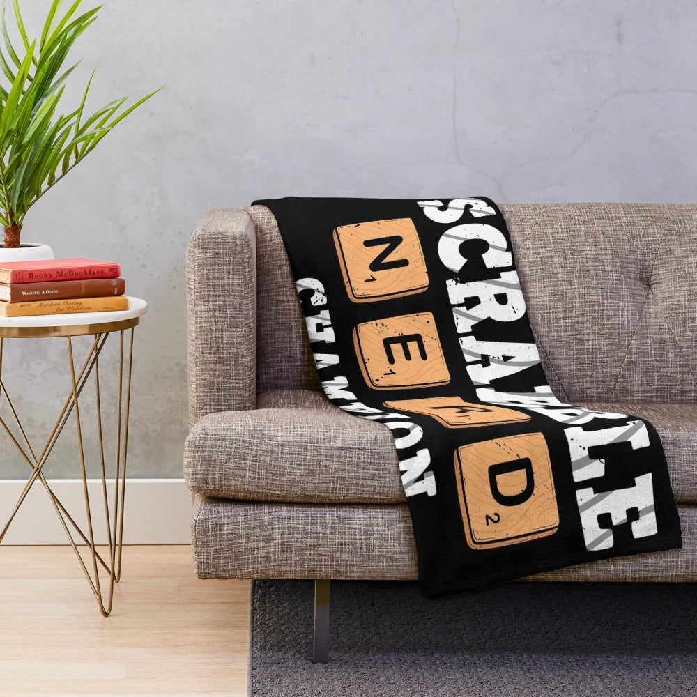 Scrabble themed plush blanket with letters and words