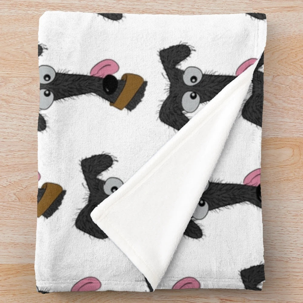 Scruffy grey lurcher dog caricature printed on a plush blanket