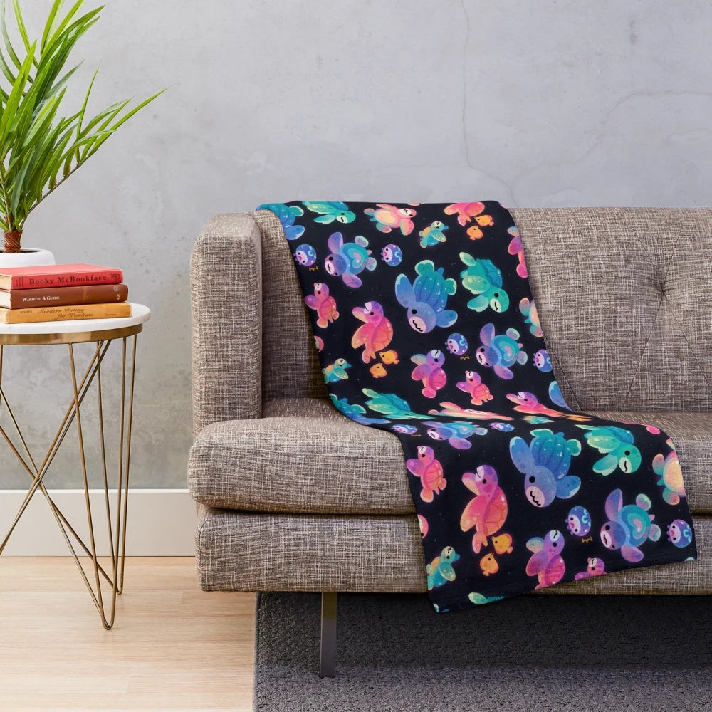 Sea turtle plush blanket with ocean and marine life design