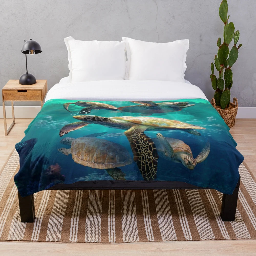Sea turtle plush blanket with marine life design