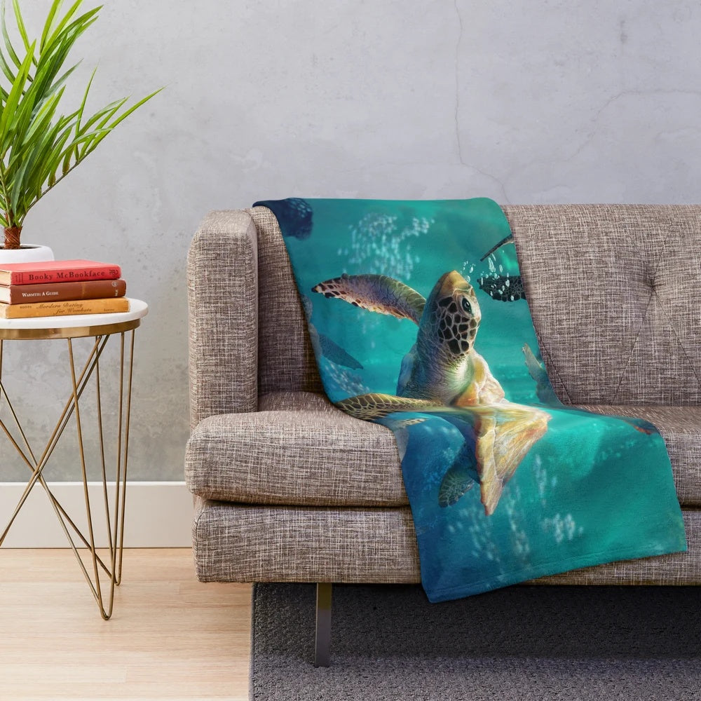 Sea turtle plush blanket with marine life design