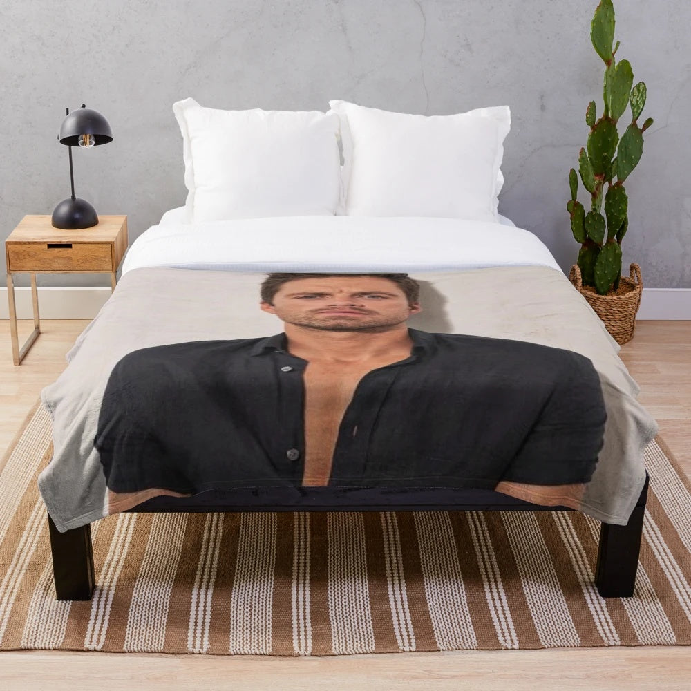 Soft and warm plush blanket featuring Sebastian Stan, the actor who played the Winter Soldier in Marvel's Avengers movies.